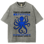 Unisex Japanese Style Octopus Printed Washed Tee