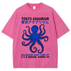 Unisex Japanese Style Octopus Printed Washed Tee