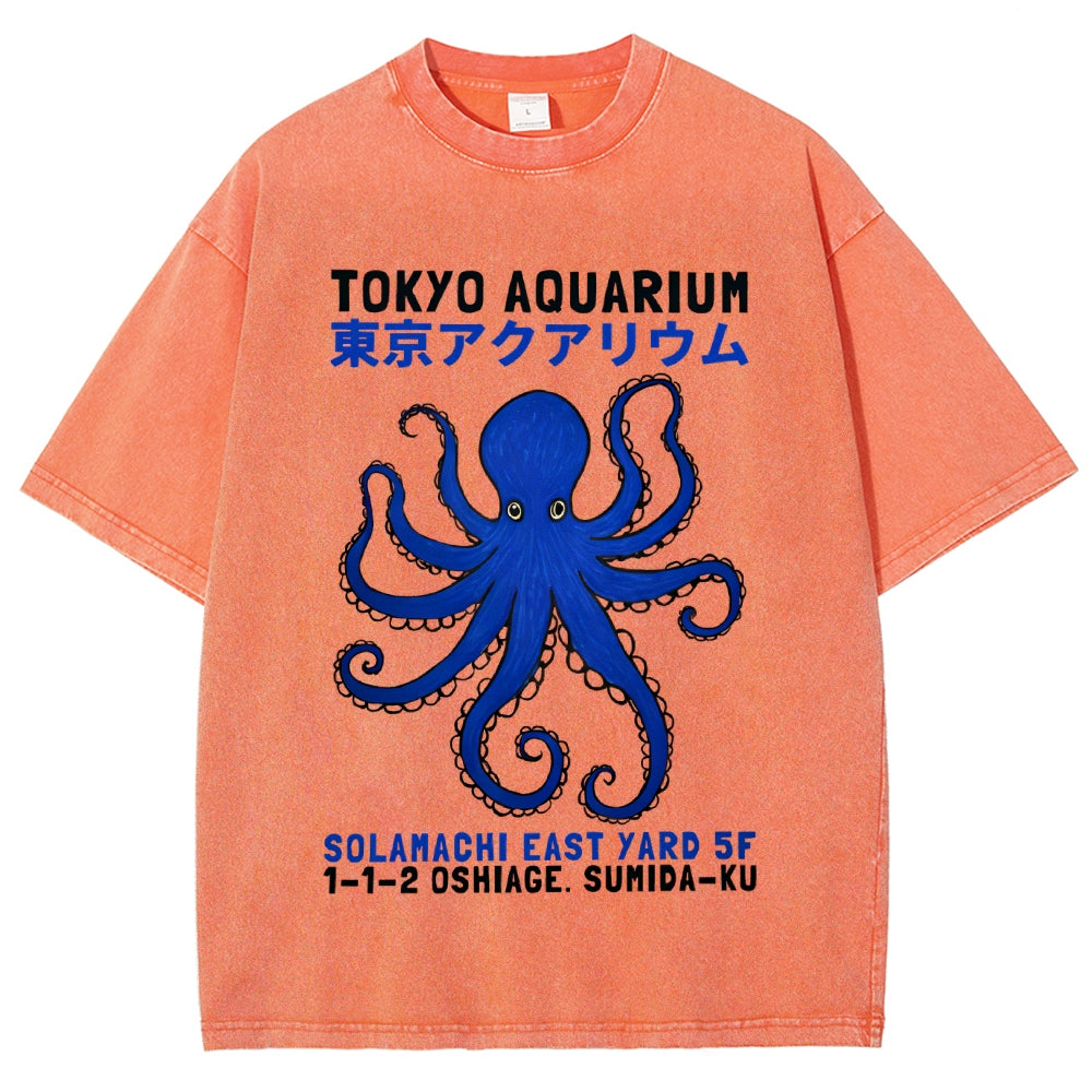 Unisex Japanese Style Octopus Printed Washed Tee