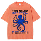 Unisex Japanese Style Octopus Printed Washed Tee