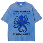 Unisex Japanese Style Octopus Printed Washed Tee