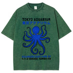 Unisex Japanese Style Octopus Printed Washed Tee
