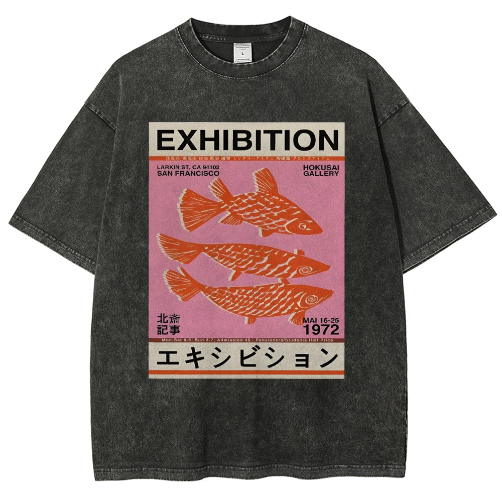 Unisex Japanese Style Fish Printed Washed Tee