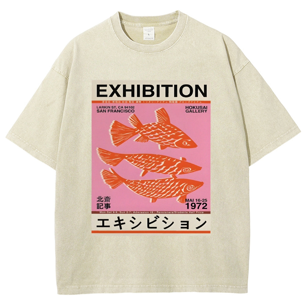 Unisex Japanese Style Fish Printed Washed Tee