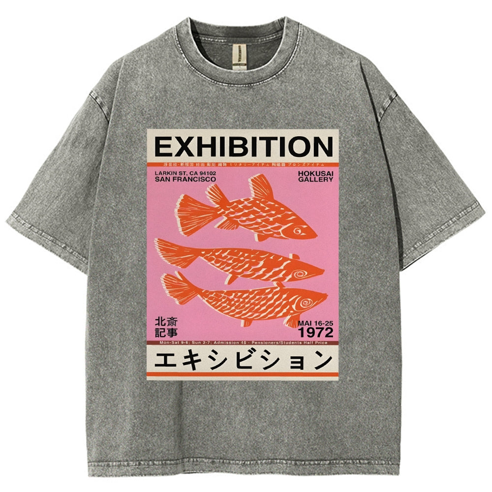 Unisex Japanese Style Fish Printed Washed Tee