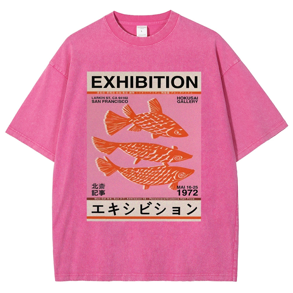 Unisex Japanese Style Fish Printed Washed Tee