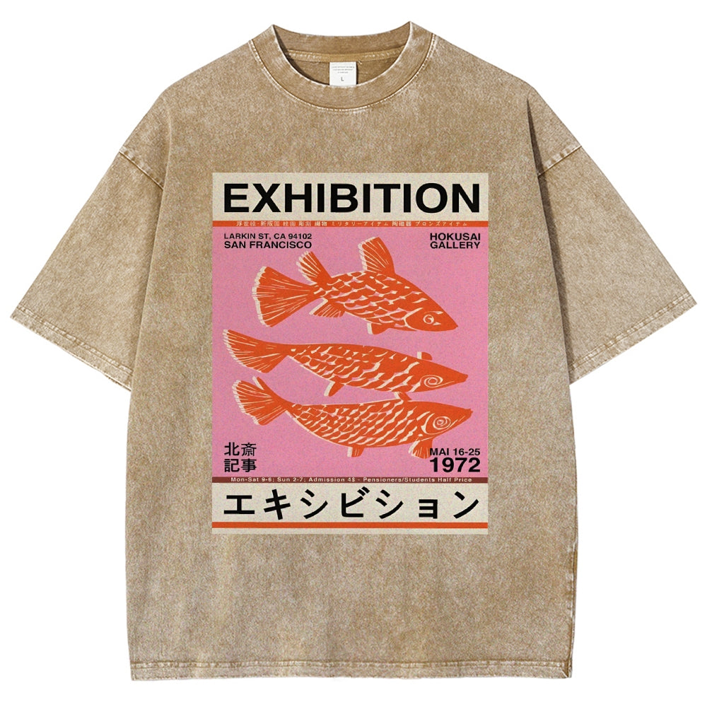 Unisex Japanese Style Fish Printed Washed Tee