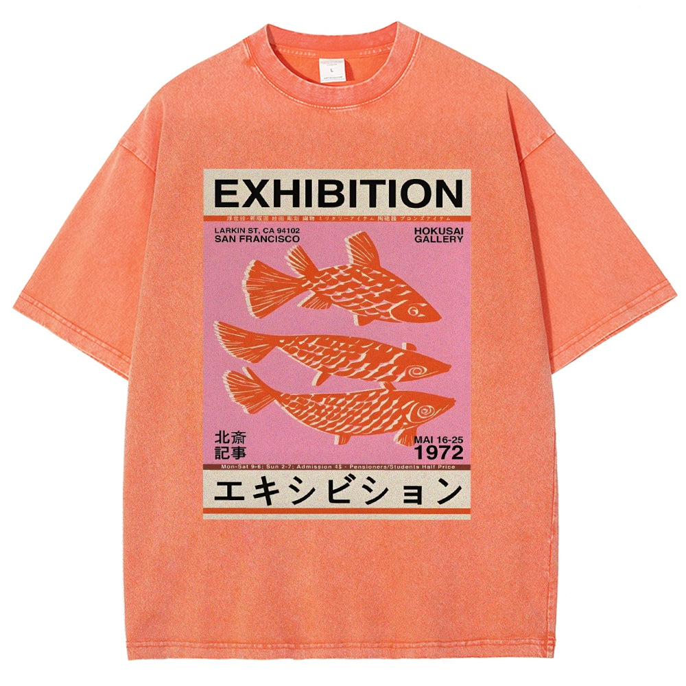 Unisex Japanese Style Fish Printed Washed Tee