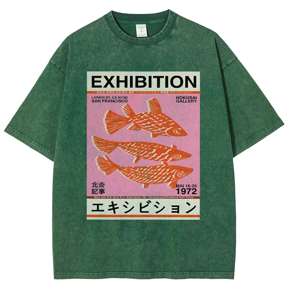 Unisex Japanese Style Fish Printed Washed Tee