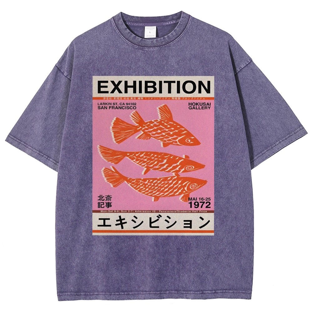 Unisex Japanese Style Fish Printed Washed Tee