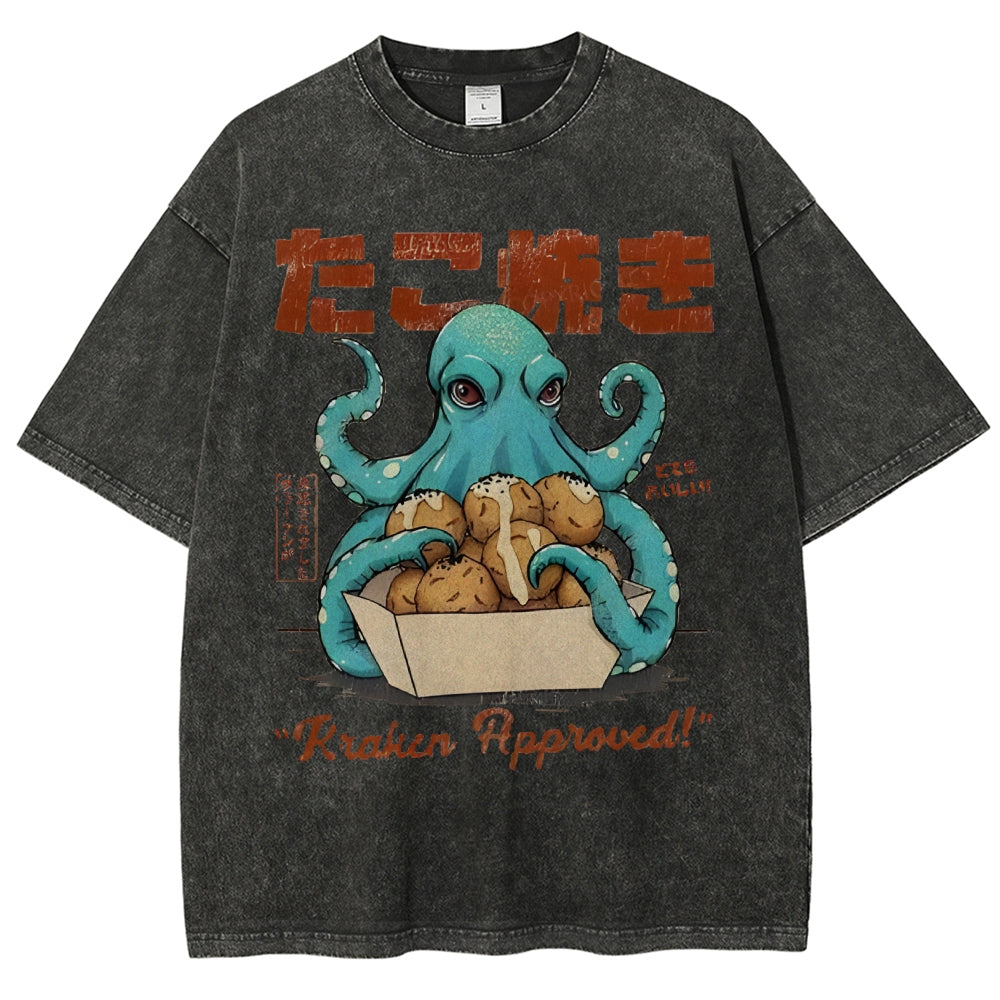 Unisex Japanese Octopus Printed Washed Tee