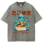 Unisex Japanese Octopus Printed Washed Tee