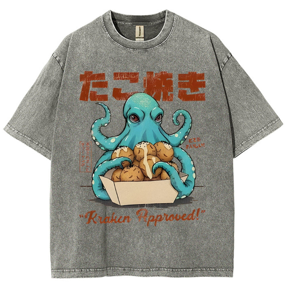 Unisex Japanese Octopus Printed Washed Tee