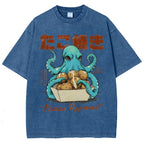 Unisex Japanese Octopus Printed Washed Tee