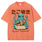 Unisex Japanese Octopus Printed Washed Tee