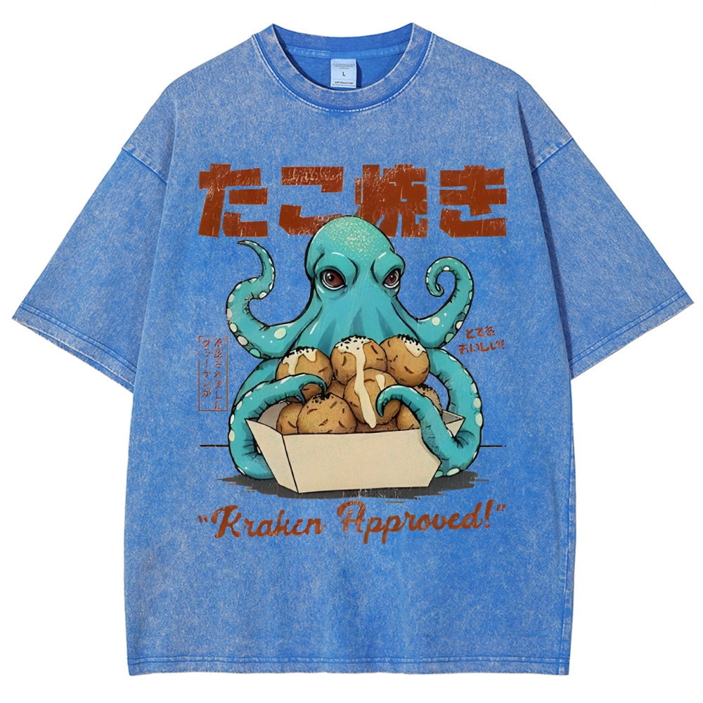 Unisex Japanese Octopus Printed Washed Tee