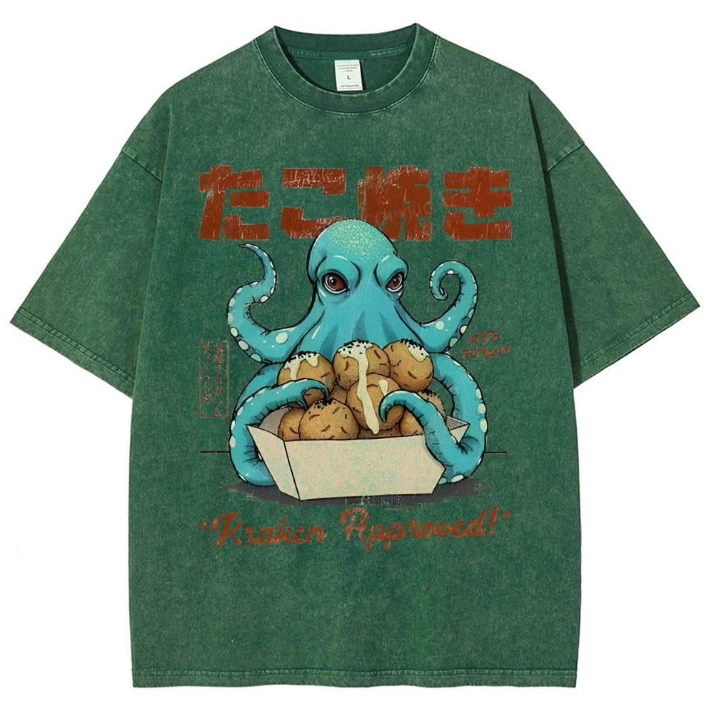 Unisex Japanese Octopus Printed Washed Tee