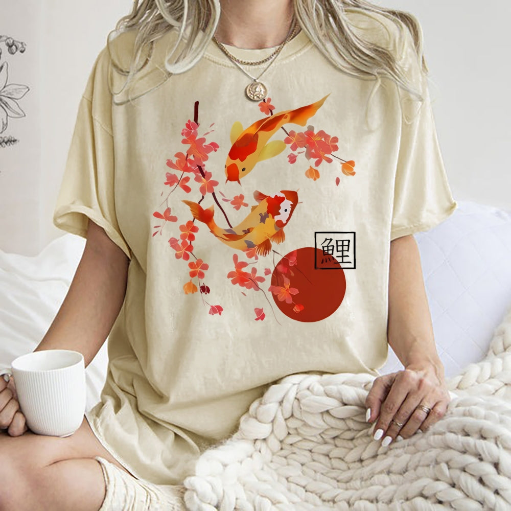Unisex Vintage Japanese Fish Printed Washed Tee