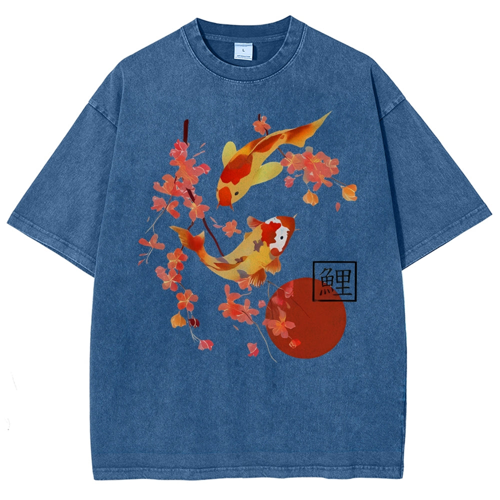 Unisex Vintage Japanese Fish Printed Washed Tee