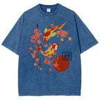 Unisex Vintage Japanese Fish Printed Washed Tee