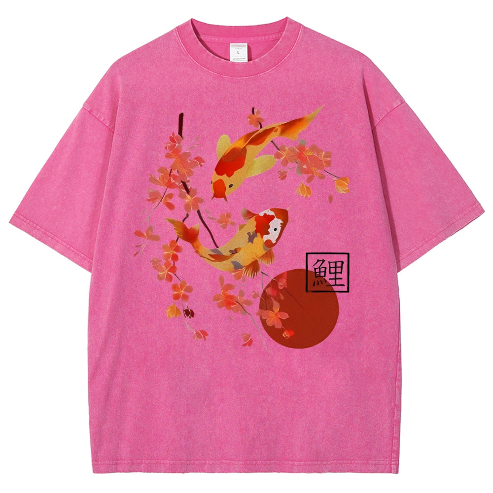 Unisex Vintage Japanese Fish Printed Washed Tee