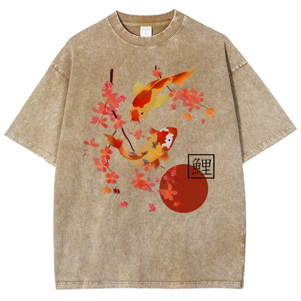 Unisex Vintage Japanese Fish Printed Washed Tee