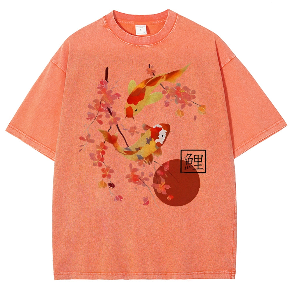 Unisex Vintage Japanese Fish Printed Washed Tee