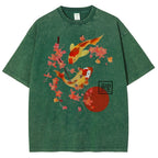 Unisex Vintage Japanese Fish Printed Washed Tee