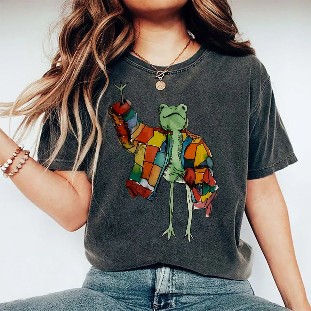 Unisex Cartoon Frog Printed Washed Tee