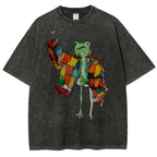Unisex Cartoon Frog Printed Washed Tee
