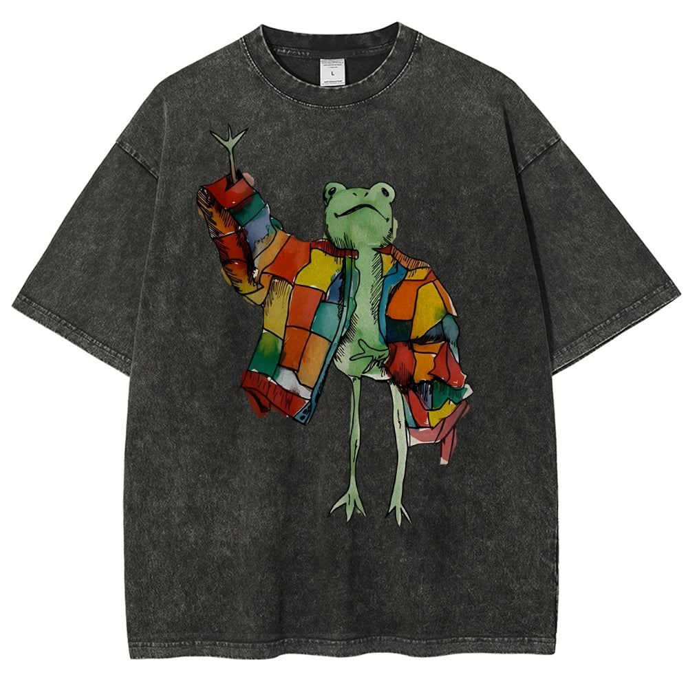Unisex Cartoon Frog Printed Washed Tee