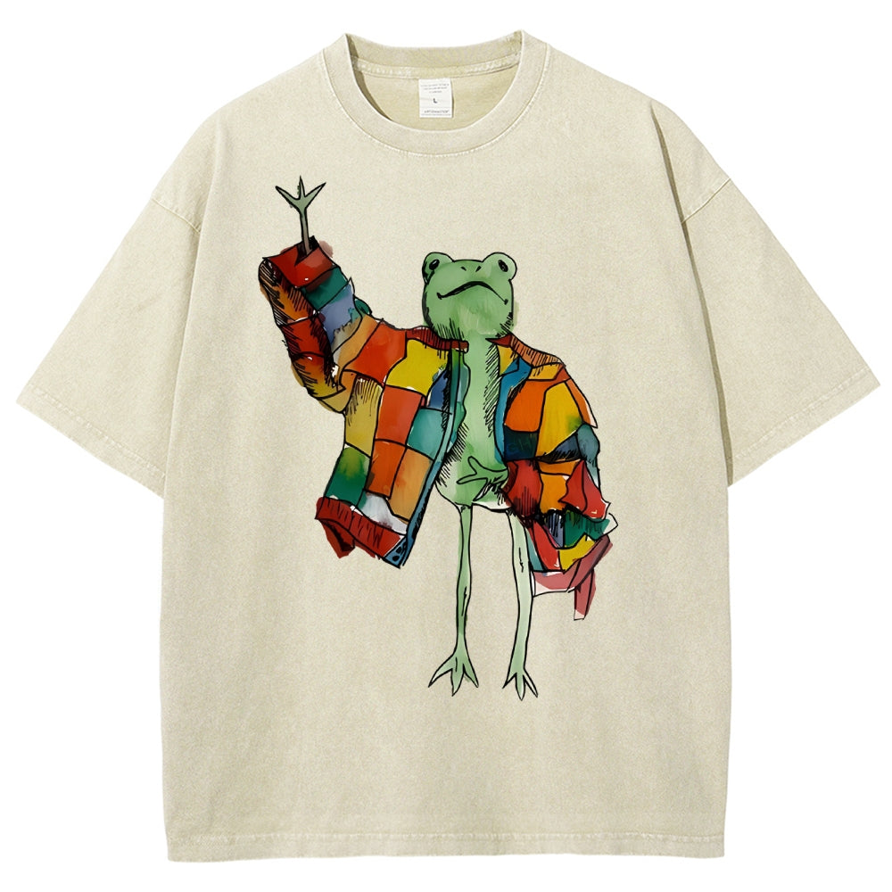 Unisex Cartoon Frog Printed Washed Tee