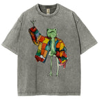 Unisex Cartoon Frog Printed Washed Tee
