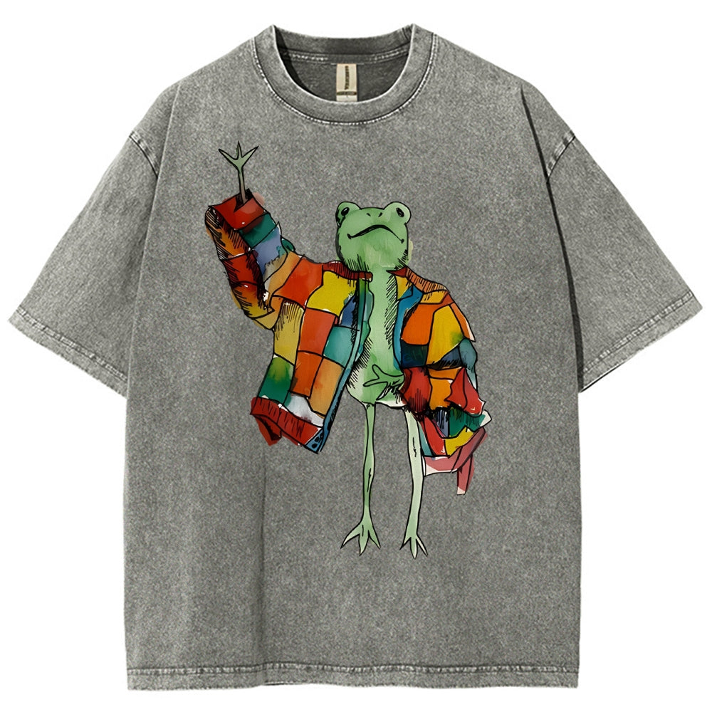 Unisex Cartoon Frog Printed Washed Tee
