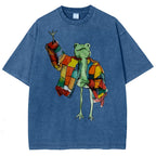 Unisex Cartoon Frog Printed Washed Tee