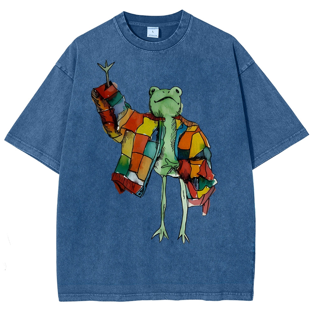 Unisex Cartoon Frog Printed Washed Tee