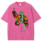 Unisex Cartoon Frog Printed Washed Tee