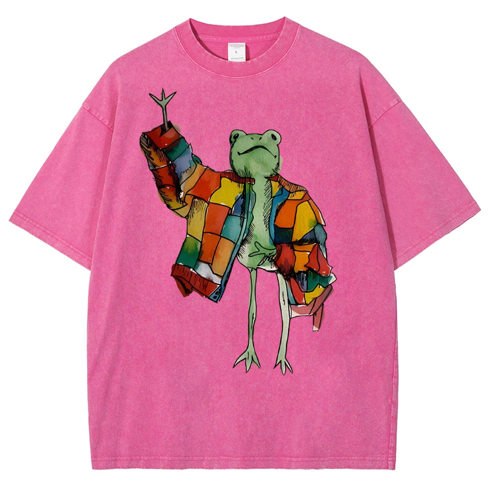 Unisex Cartoon Frog Printed Washed Tee