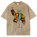 Unisex Cartoon Frog Printed Washed Tee