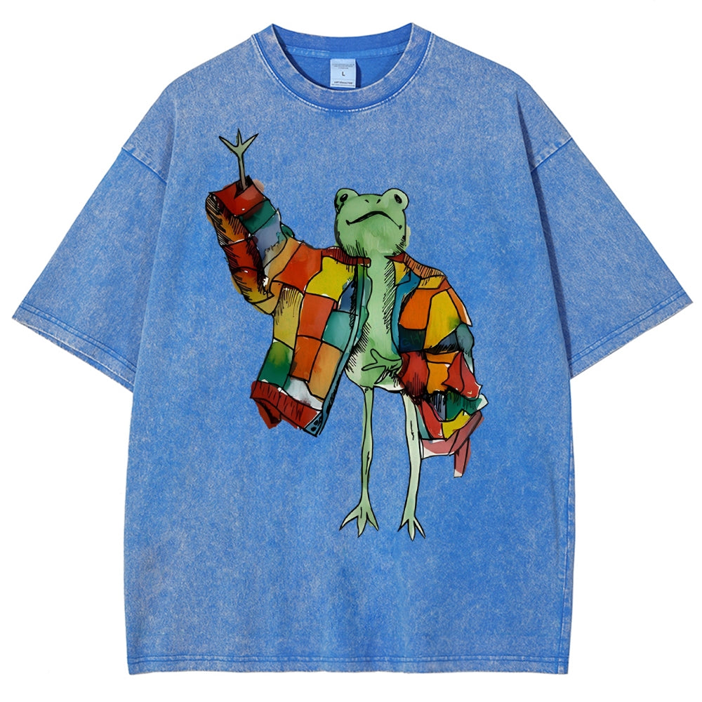 Unisex Cartoon Frog Printed Washed Tee