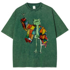 Unisex Cartoon Frog Printed Washed Tee