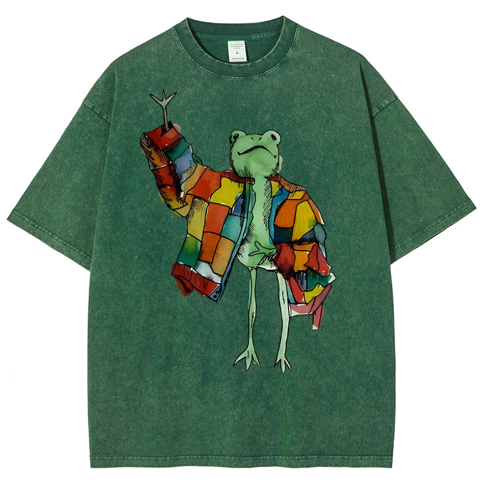 Unisex Cartoon Frog Printed Washed Tee