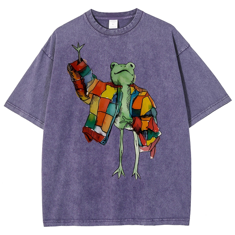 Unisex Cartoon Frog Printed Washed Tee