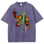 Unisex Cartoon Frog Printed Washed Tee