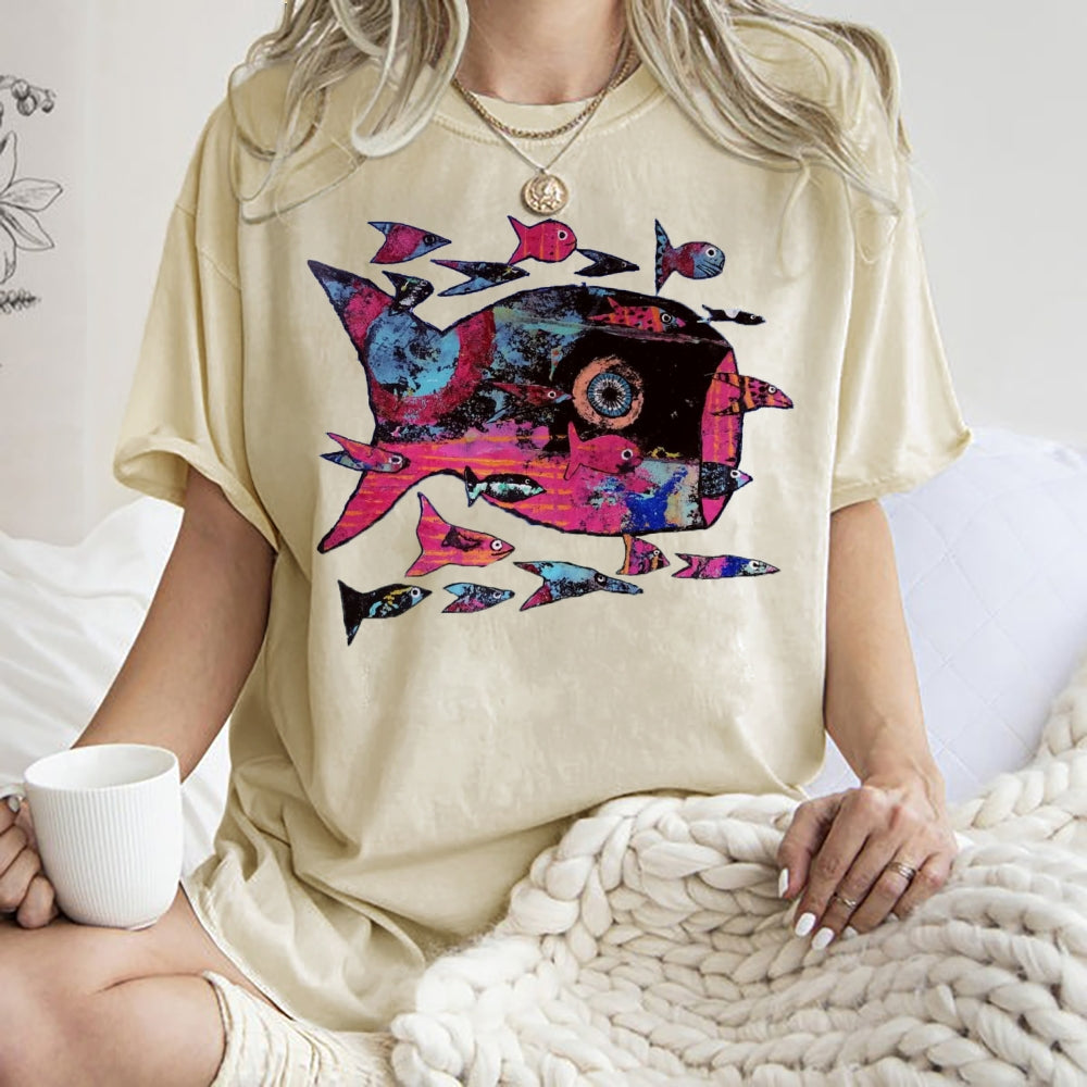Unisex Abstract Art Fish Printed Washed Tee