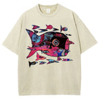 Unisex Abstract Art Fish Printed Washed Tee