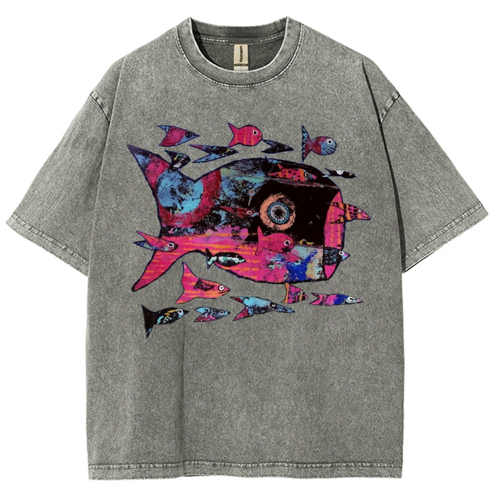 Unisex Abstract Art Fish Printed Washed Tee