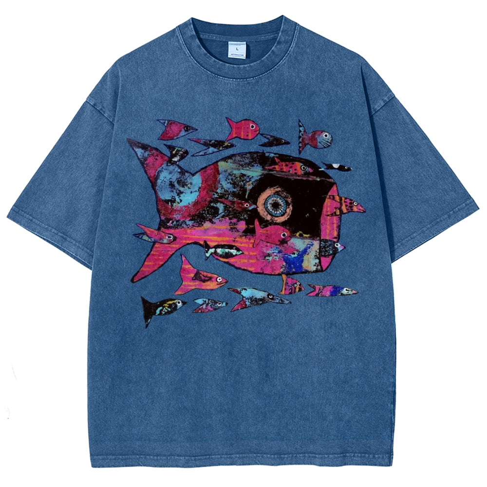 Unisex Abstract Art Fish Printed Washed Tee