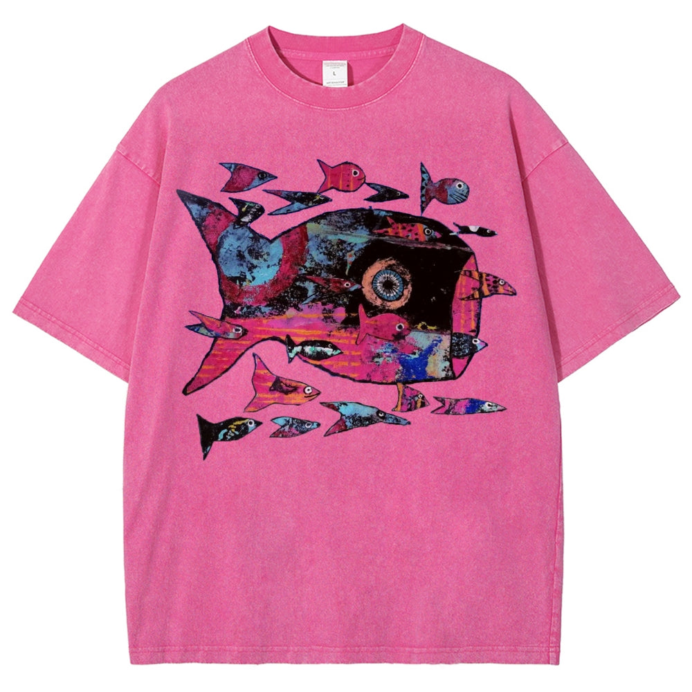 Unisex Abstract Art Fish Printed Washed Tee