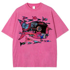Unisex Abstract Art Fish Printed Washed Tee
